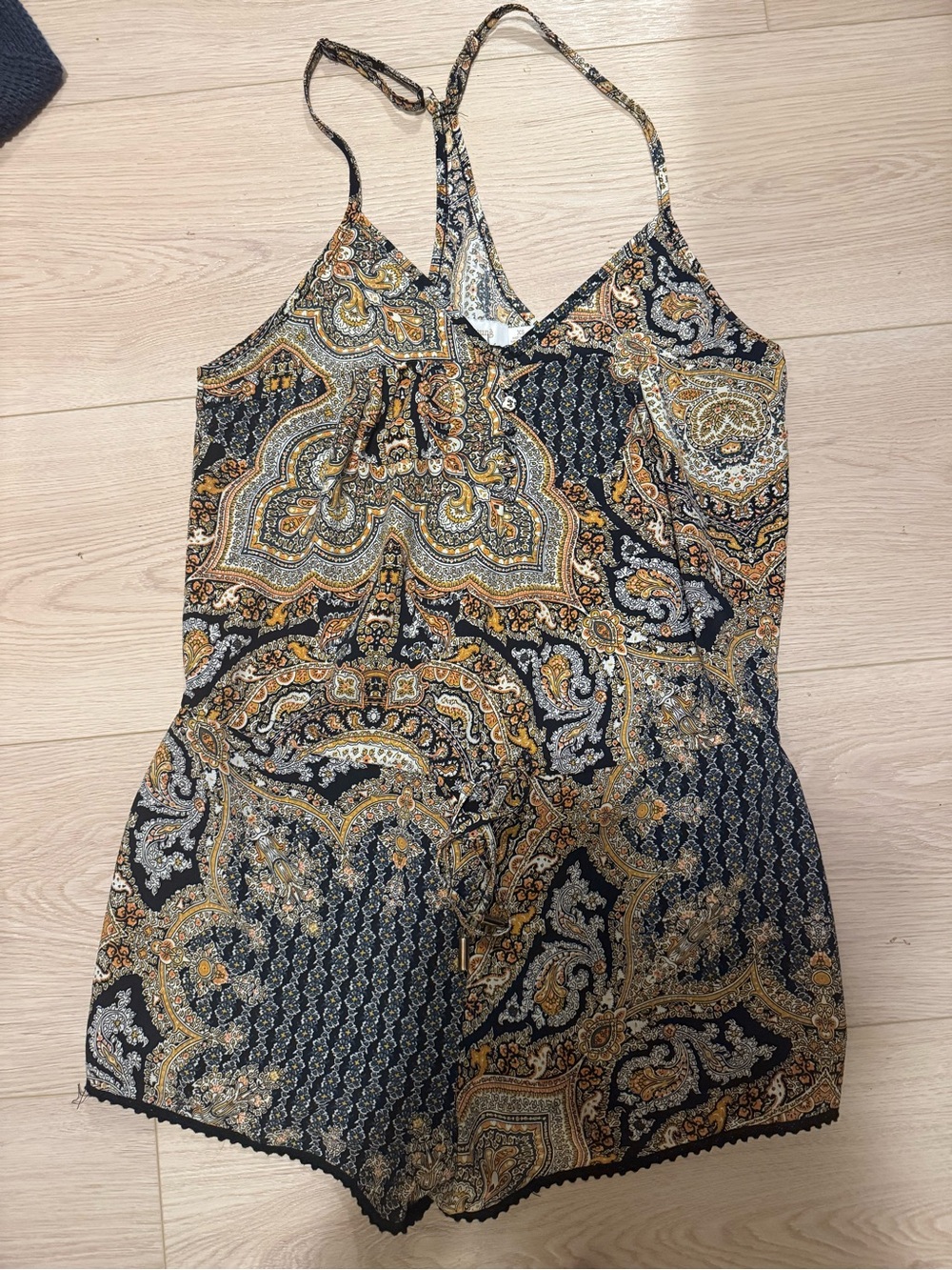 bishop + young Navy Paisley Print Sleeveless Romper with Gold Accents